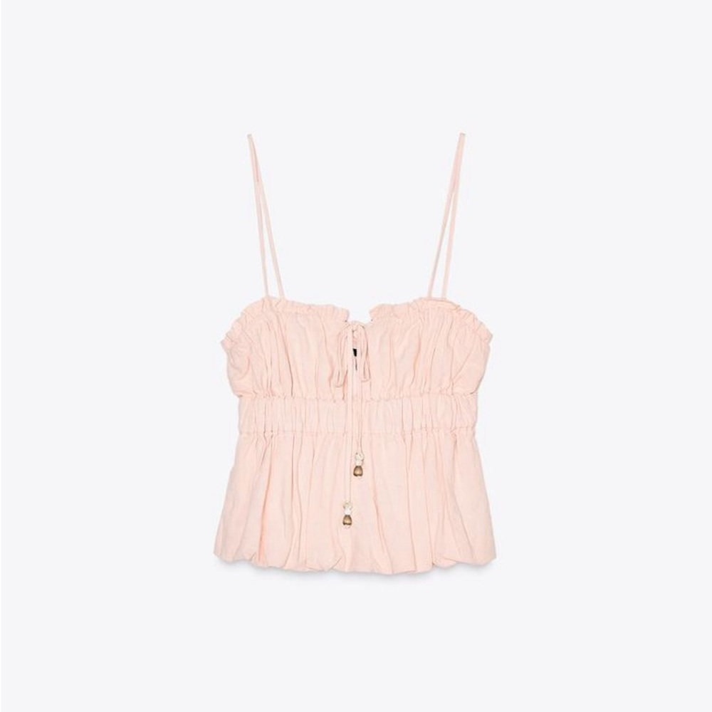Zara  NWT Peach Linen Elastic top bubble hem beads bow tight ref 8372/113/696 - Picture 3 of 15